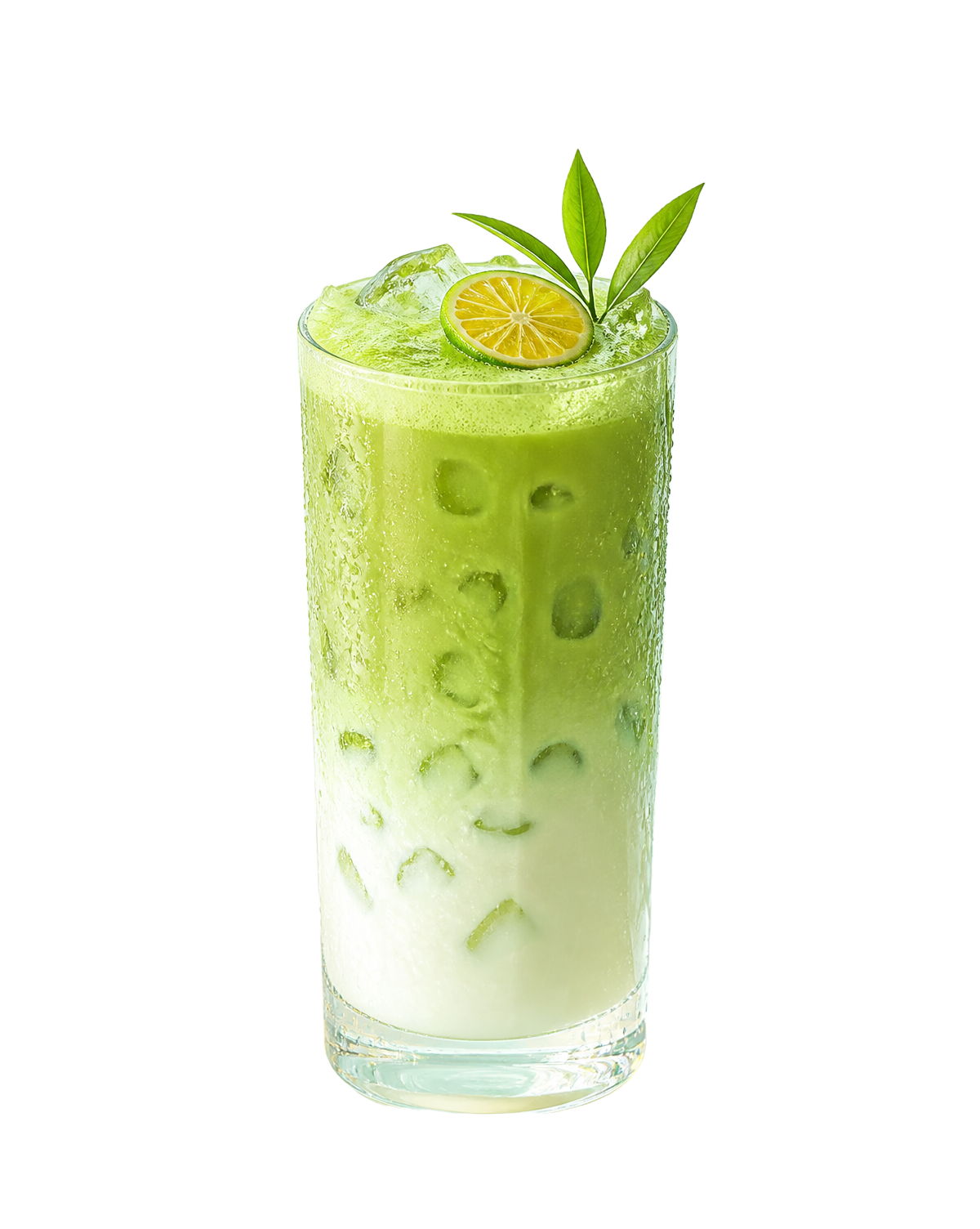 Iced green Solar Bloom Matcha with lime and botanical leaves